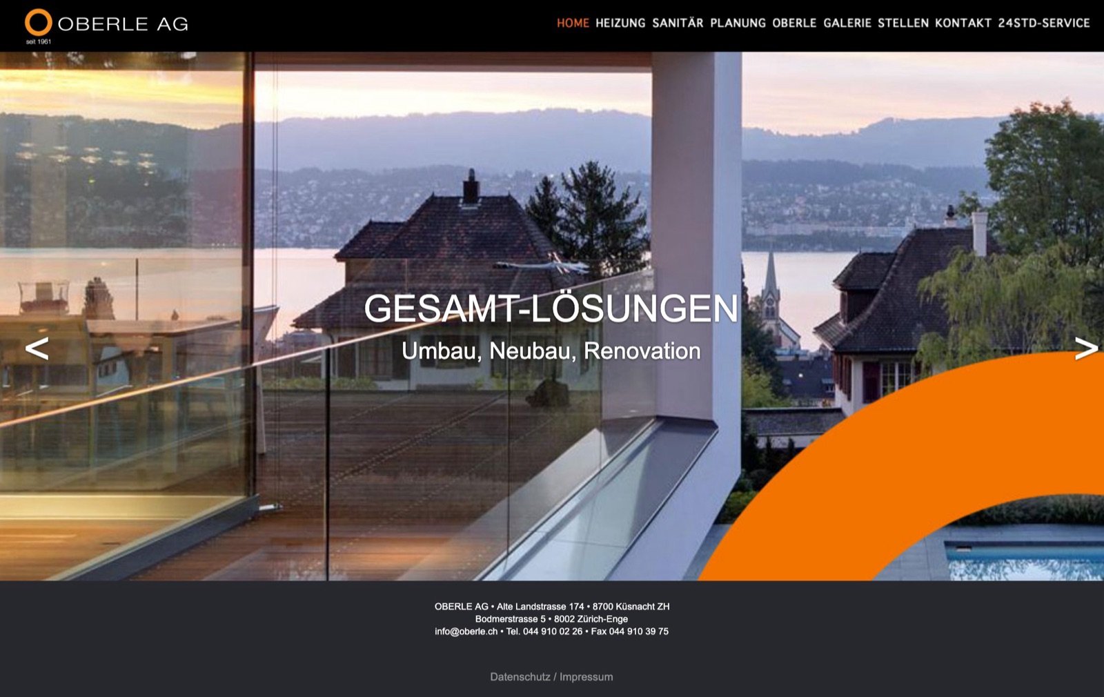 Alte Webseite der OBERLE AG von 2018: schwarzer Balken mit kleiner Navigation, Bild-Slider mit Text in der Mitte